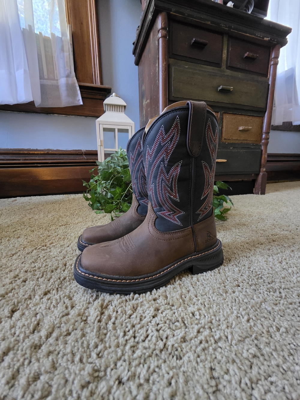 Rocky Brown and Black Kids Western Pull-On Boots with Red Stitching